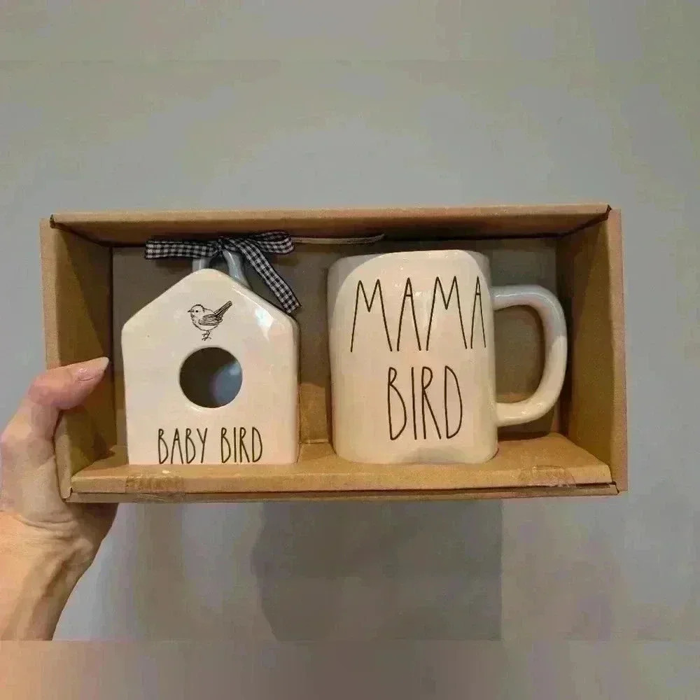 Rae Dunn Mama bird and baby bird  mug and mini birdhouse set